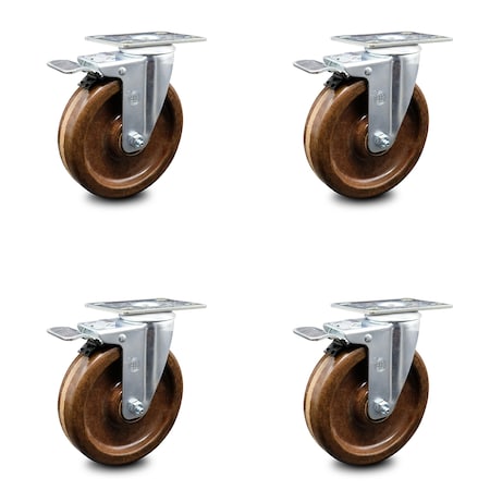 5 Inch High Temp Phenolic Swivel Top Plate Caster Set With Total Lock Brake SCC